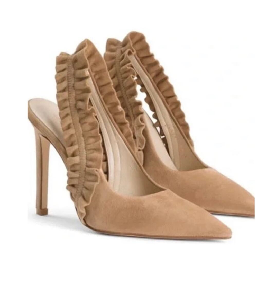 Good American The Show Off Nude Suede Ruffle Slingback Pumps Size 8